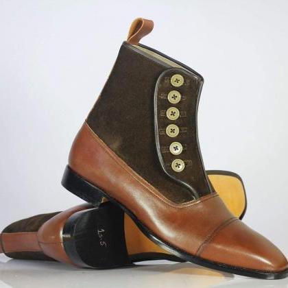 Handmade Men Tan Brown Leather Suede Brown Toe..