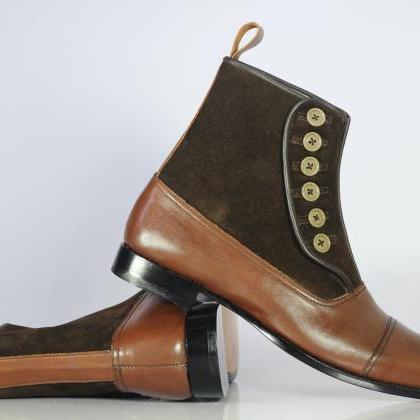 Handmade Men Tan Brown Leather Suede Brown Toe..