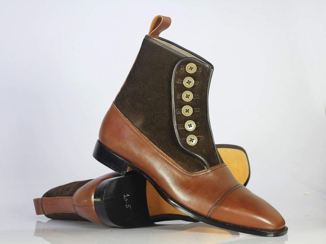 Handmade Men Tan Brown Leather Suede Brown Toe Button Boots, Men Designer Boots Men's Suede Boots