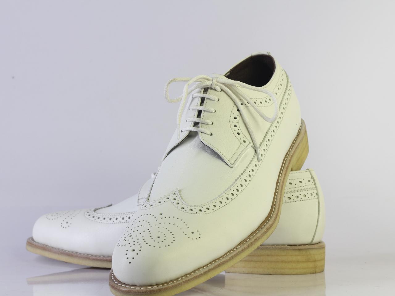 Men's Handmade Genuine Leather White Wingtip Brogue Shoes With Crepe Sole Custom Made Wingtip Oxford Shoes Men's White Leather